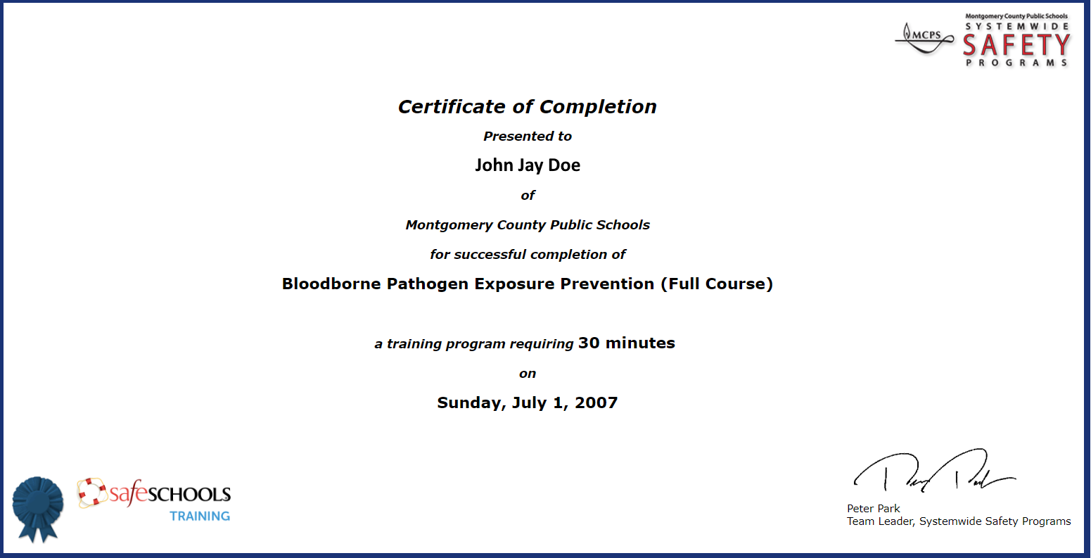 SafeSchools Training History Cert